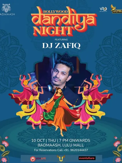 A poster for a Bollywood Dandiya Night at Badmaash, Lulu Mall. These events are a great way to celebrate our culture with music and dance.