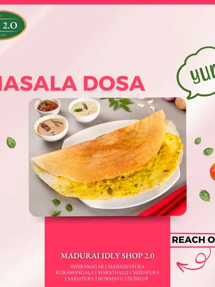 This image highlights the deliciousness of our Masala Dosa, a dish that is crispy, spicy, and an icon of South Indian cuisine.