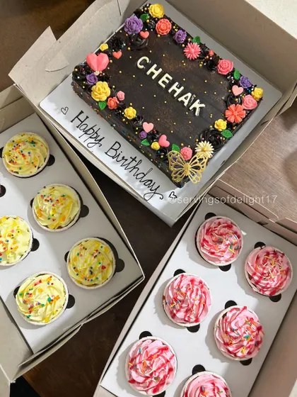 A perfect combo for a birthday party! This order included a personalized fudgy brownie sheet cake and two boxes of assorted cupcakes in vanilla and strawberry flavors.