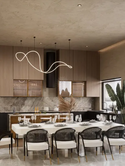 A render of an open-plan kitchen and dining area. The kitchen features wood and glass cabinets and a marble backsplash, while the dining table is set for a large gathering.