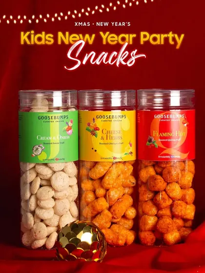 Here are the savoury snacks from the kids' party combo. You'll find crowd-pleasers like Cheese and Herbs Chickpea Puffs and Cream and Onion Makhana that children will love.