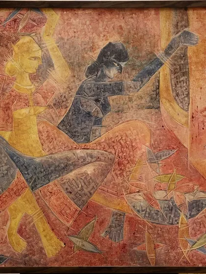 Another work by Pushpa Dravid, where women are set amidst vibrant patterns and abstract shapes, suggesting an intricate connection to nature and community. Their angular forms express a celebration of daily routines.