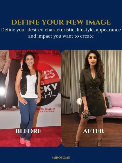 Before and after: defining a new image is the first step. We worked together to clarify her desired lifestyle and appearance, and the result is a confident, powerful presence that truly reflects who she is.