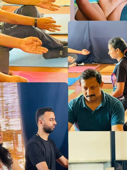 A collage of moments from the "Balance & Bliss" workshop for business owners in Bangalore. It shows participants in meditation, practicing yoga, and experiencing the power of sound.