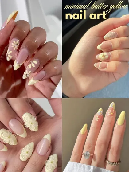 You can also add minimal nail art, like these cute 3D flowers, to a butter yellow set.