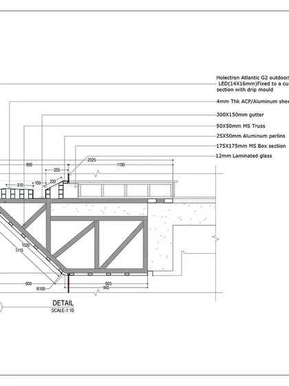 A detailed section drawing of the Nalli facade's overhang. This shows the MS truss structure used to attach the "ship hulk" profile to the existing building slab.