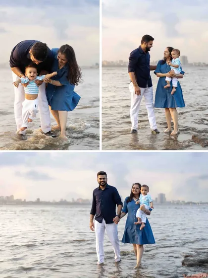 A beautiful collage of a family's beach session, showing their walk along the shore and playful interactions against a stunning Mumbai backdrop.