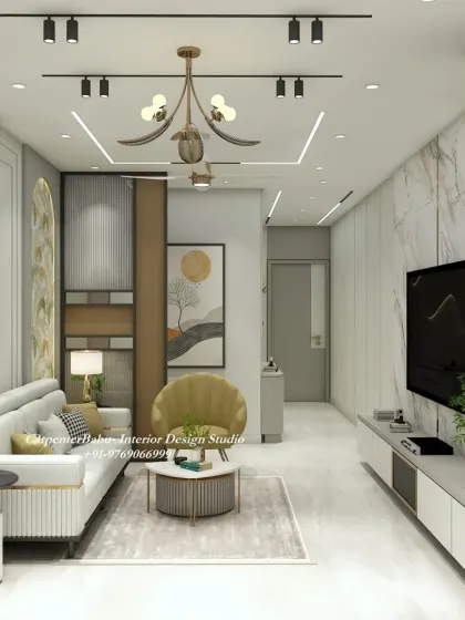 A long shot of a living room, showing how track lighting can be used to highlight different zones and create a gallery-like feel. The design is perfect for narrow living spaces.