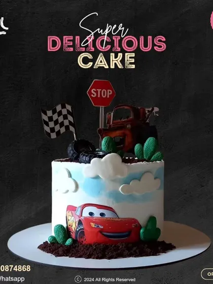 Ka-chow! This Disney Cars cake features Lightning McQueen and Mater ready to race. With a finish line flag and a stop sign, it's the perfect design for a high-speed birthday party.