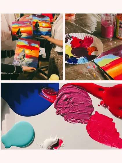 A collage showing the fun and messy process of painting, from a palette of mixed colors to the final vibrant artworks. It's all about the journey.