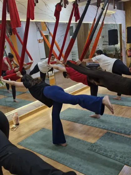 A class full of warriors, finding their balance between the mat and the air. This hybrid pose uses the hammock for support while grounding through the standing leg, building stability and strength.