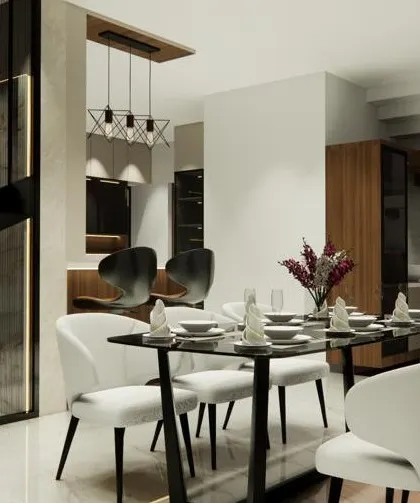 A render showing a dining area next to a modern staircase. The use of glass partitions and dark accents creates a sophisticated and contemporary look.