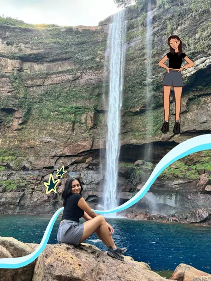 A waterfall adventure look, complete with a cartoon me ready for action. It's a great way to add some personality to your travel photos.