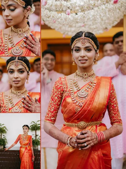 A collage of a South Indian bride in a vibrant orange and red saree, showcasing her temple jewelry, radiant smile, and overall traditional look.
