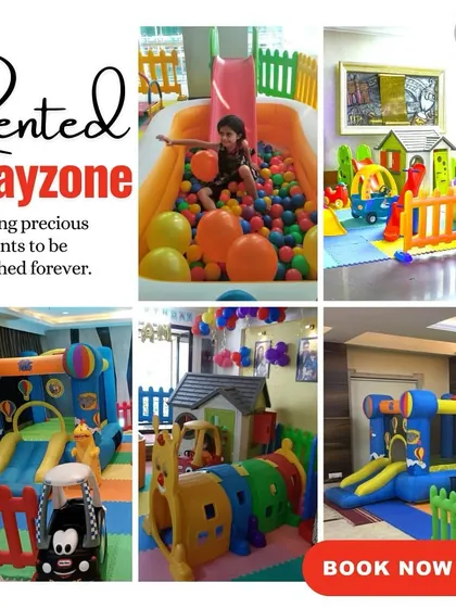 Jump into joy at a rented playzone. This collage shows six different setups, including a child in a ball pool, a large bouncy castle, and a caterpillar tunnel, all designed to create precious moments.