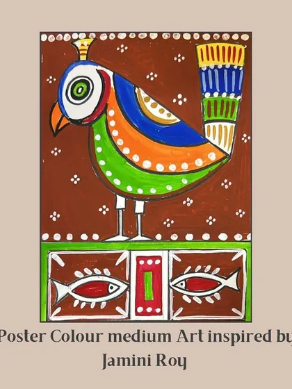 A student's artwork in poster color, inspired by the unique and colorful style of artist Jamini Roy.