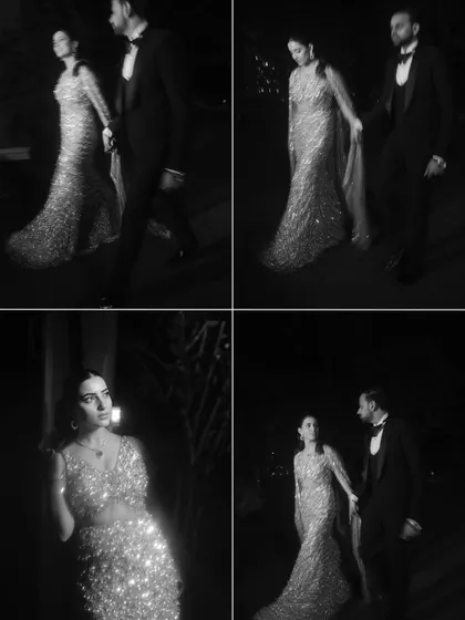 A collage of black and white images from Kajal and Anurag's engagement, capturing their walk and intimate portraits with a timeless feel.