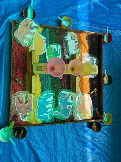 Another activity inspired by the colorful world of Eric Carle. This sensory bin uses rainbow-colored rice and character cutouts to bring the beloved stories to life.