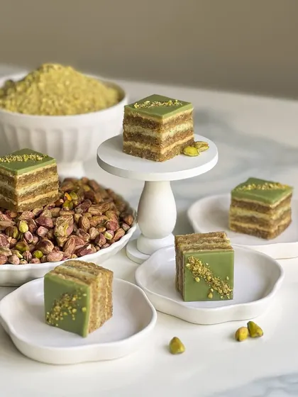 My pistachio opera gateau is a fan favorite. The rich flavor of real pistachios comes through in every layer of this French-inspired dessert.