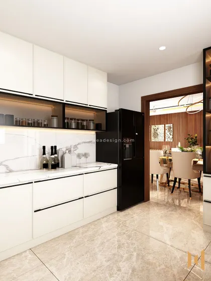 A modern luxury kitchen with PU matt-finished white shutters and a premium quartz stone countertop. Black tinted glass shutters add a touch of flair.