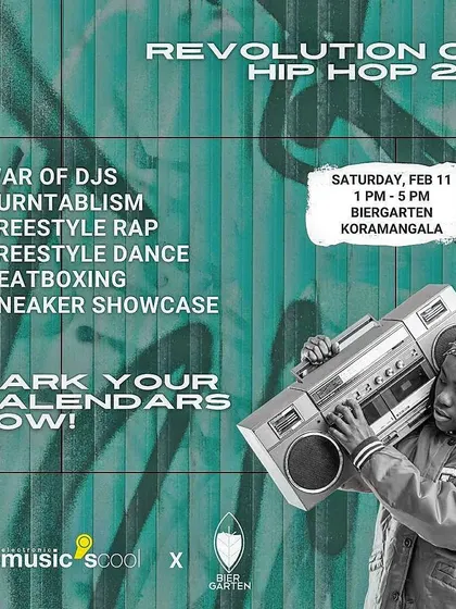 The poster for 'Revolution of Hip Hop 2.0', an event I curated with The Music Scool. I'm passionate about building the hip-hop community through workshops and jams.