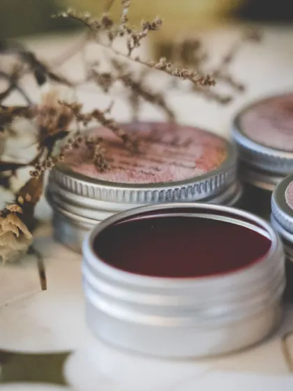 My natural lip and cheek tints, available in three beautiful shades. The deep red tint in the foreground is perfect for a bold look, while the others offer a softer touch of color.