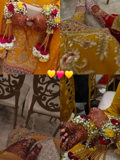 This collage captures the beauty of bridal henna in the context of the wedding. You can see the bride's henna-adorned feet with her beautiful floral jewelry and wedding attire.