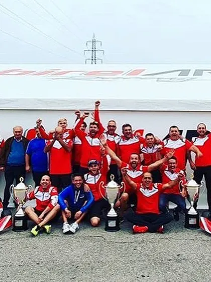 The entire Birel ART team celebrates our 2019 FIA KZ World Championship victory. This image captures the collective effort and dedication behind every trophy.