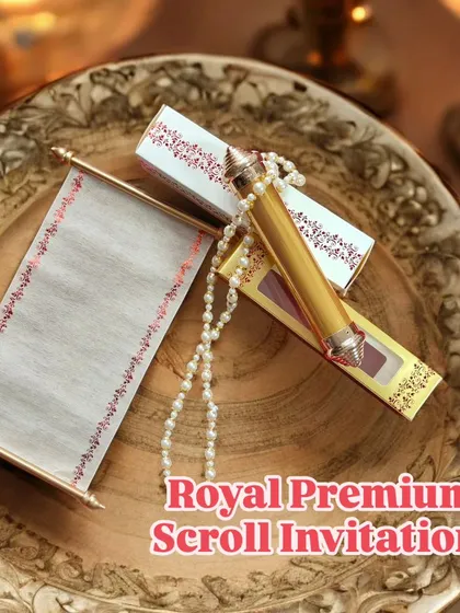 A magnificent royal box scroll wedding invitation, complete with a pearl string, perfect for a fairy-tale wedding.