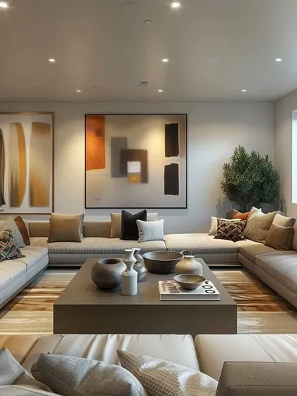 A serene and spacious living room with low-profile sofas and abstract art. The neutral tones and clean lines create a calm and contemporary environment.