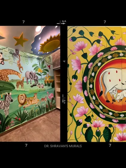 This image shows two of my styles side-by-side: a detailed jungle-themed kids' room on the left and a traditional Pichwai painting on the right, showcasing my versatility.