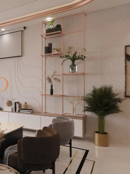 A minimalist metal shelving unit provides a stylish display area without overwhelming the space, set against a subtly textured wall.