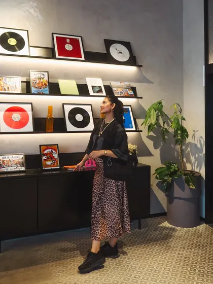 Checking out the vinyl record collection at a cool spot. I'm always inspired by all forms of music and music history.