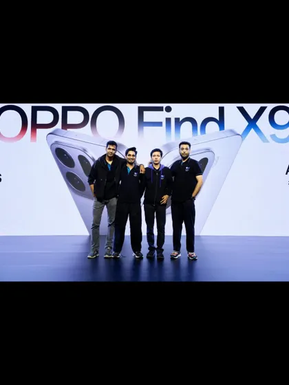 Our team posing in front of the Oppo Find X9 branding. We are proud to be part of major technology launches.