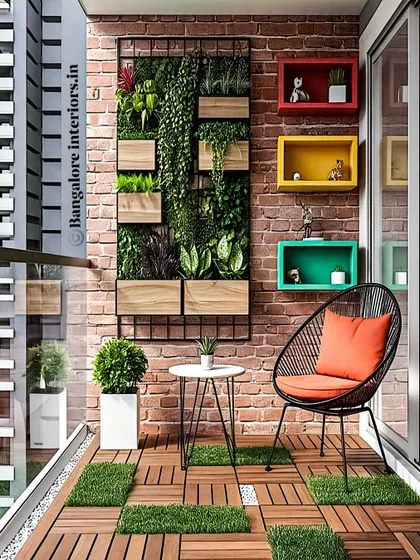An industrial-chic balcony garden featuring a black metal grid with wooden planter boxes against an exposed brick wall. The addition of colorful floating shelves adds a touch of modern, playful contrast.