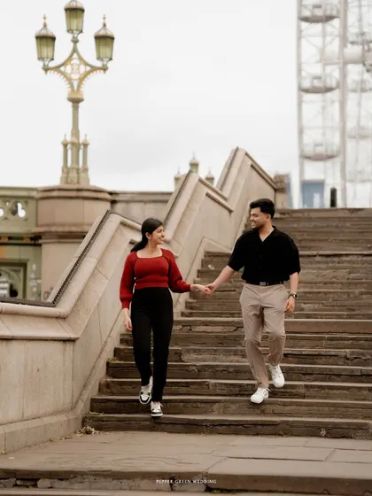 Hand in hand, stepping into their future with the iconic London Eye as their witness. I love capturing the movement and natural interaction between a couple during a city pre-wedding shoot.