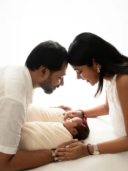 A beautiful family of four with their newborn twins. These moments when the whole family comes together to admire the new arrivals are pure magic.