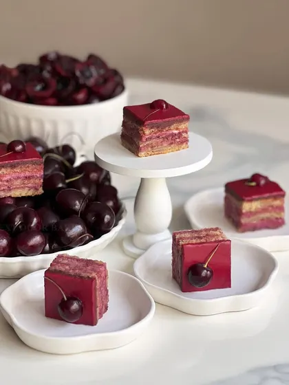 This cherry opera gateau is made with a fresh cherry compote that gives it a beautiful color and a tangy flavor that balances the sweetness.