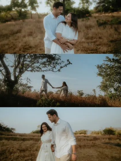 A three-panel collage showcasing a couple's romantic walk through a field. These frames capture their movement and connection, telling a story of them simply being together.