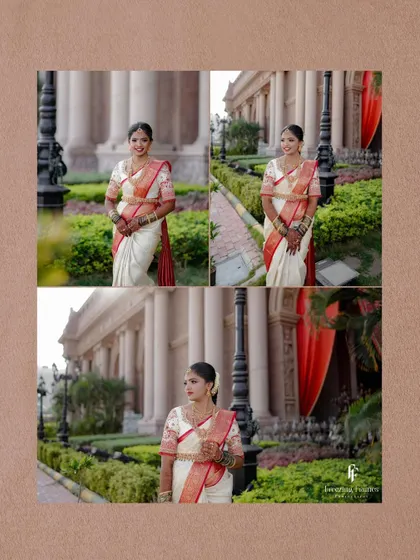 A collage of the bride posing in a palace garden, her white and red saree looking magnificent against the grand architecture.