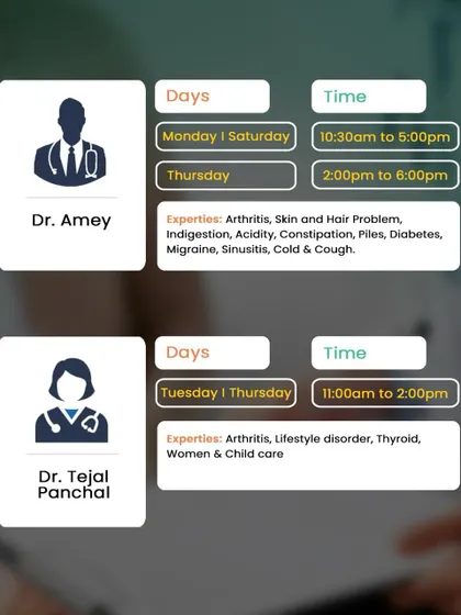 Dr. Amey and Dr. Tejal Panchal are available at our Andheri branch, specializing in arthritis, skin and hair problems, and women and child care.