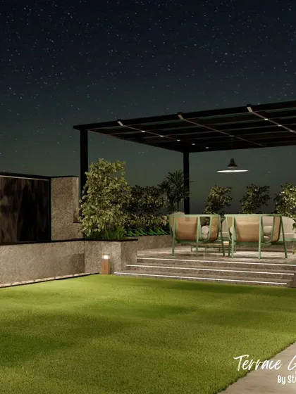 This render shows a proposed terrace design with a raised seating area under a pergola. Using levels helps to define different functional zones within a single outdoor space.