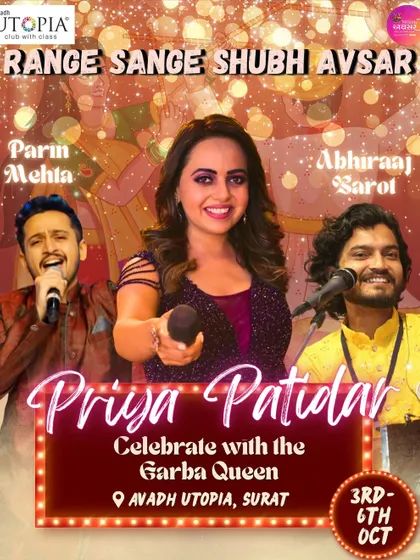 This poster highlights my collaboration with the "Garba Queen" Priya Patidar for a major event in Surat. I frequently team up with other renowned artists to deliver powerful and dynamic shows.