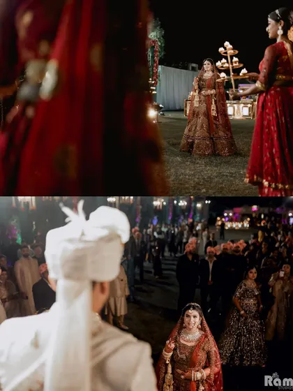 A collage showing the bride's perspective as she walks towards the groom, capturing the anticipation and emotion of the bridal entry.