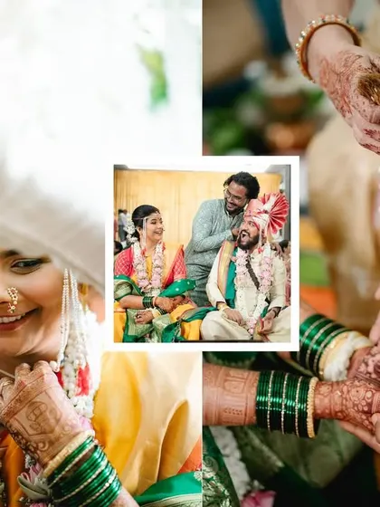 A collection of images focusing on the hands during a wedding ceremony. It captures the giving of blessings, the holding of sacred items, and the couple's hands together.