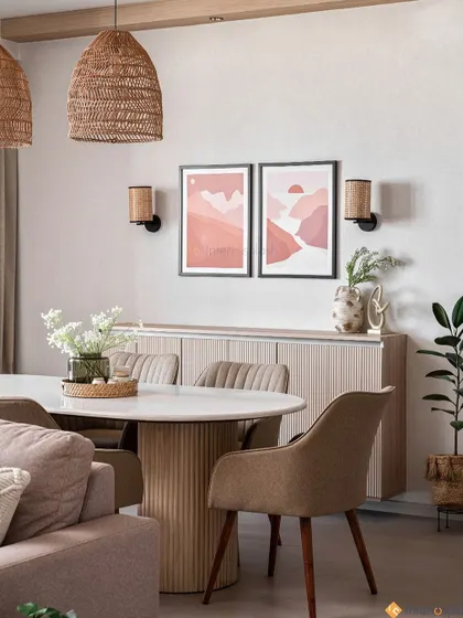 A wider view of the dining setup, showing the fluted sideboard for storage and the placement of plants to bring life into the room. The round table is great for encouraging conversation.