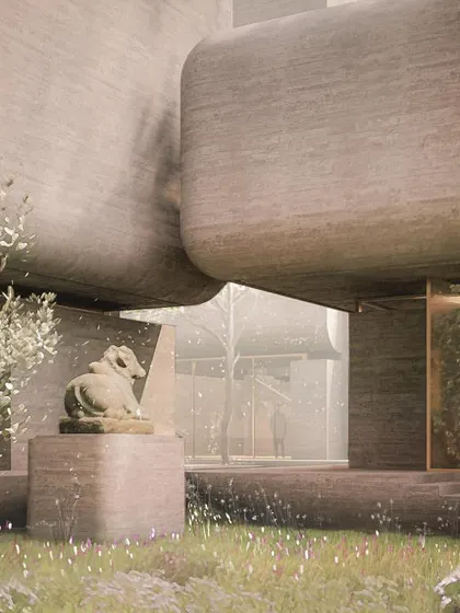 A conceptual render for an upcoming Delhi residence, where massive, curved concrete forms appear to levitate over a garden. The design seeks to create an atmosphere that is both powerful and serene.