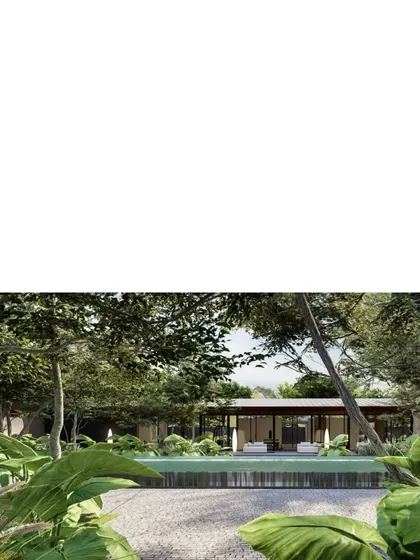 A render of a family retreat, where the architecture is nestled into a lush, tropical landscape. The design focuses on creating understated elegance and a deep connection to the beautiful site.