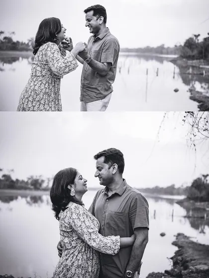 A black and white collage of a couple sharing a playful, happy moment by the water. We believe that laughter is a key ingredient in a love story.
