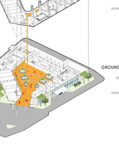 This exploded axonometric diagram illustrates the strategic planning of Paras Yash Kothari Hospital. The ground floor is organized around a central public zone, ensuring efficient circulation between waiting areas, emergency, OPD, and other key services.